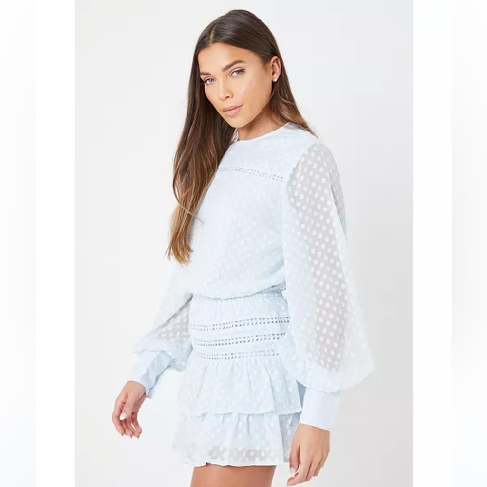 Light Blue Polka Dot Dress with Sheer Sleeves